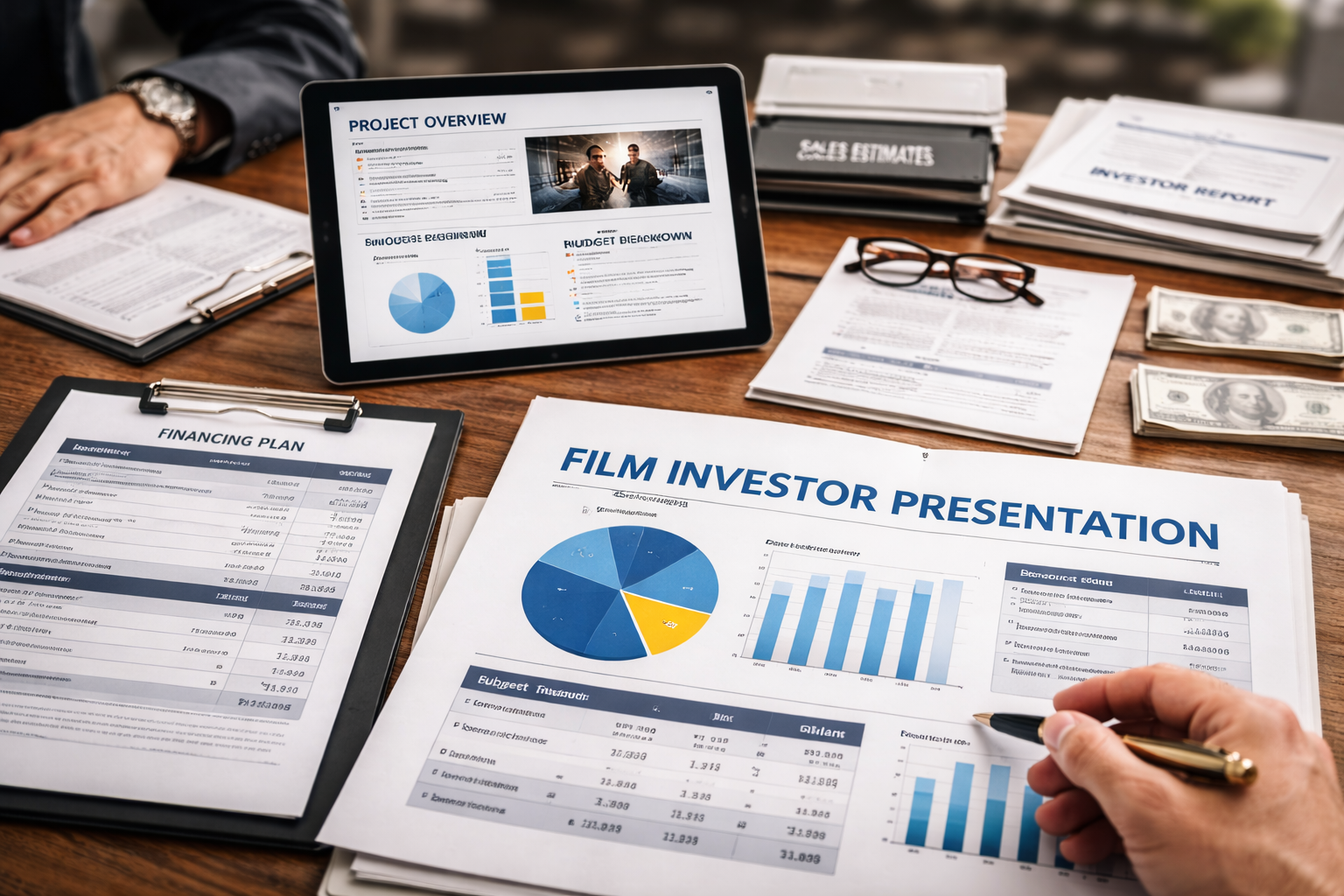 Film financing structure and investor materials showing financing plans, investor decks, and sales estimates prepared for film production.