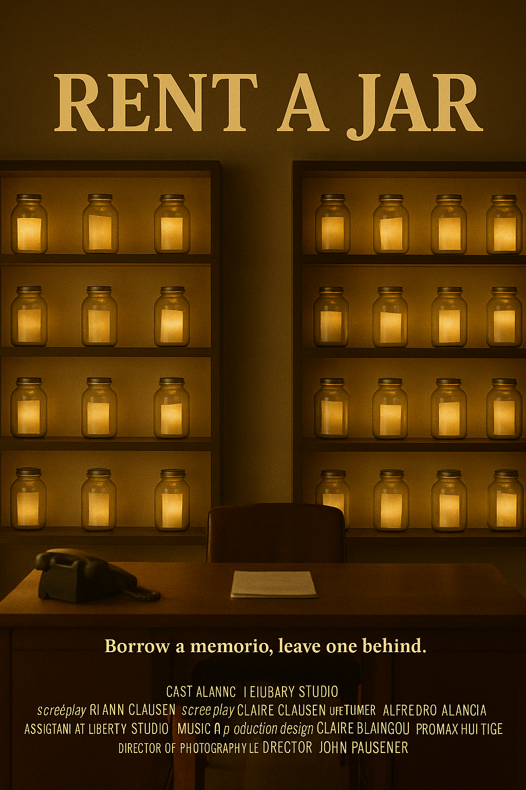 Rent A Jar official screenplay poster featuring illuminated jars on shelves and central desk