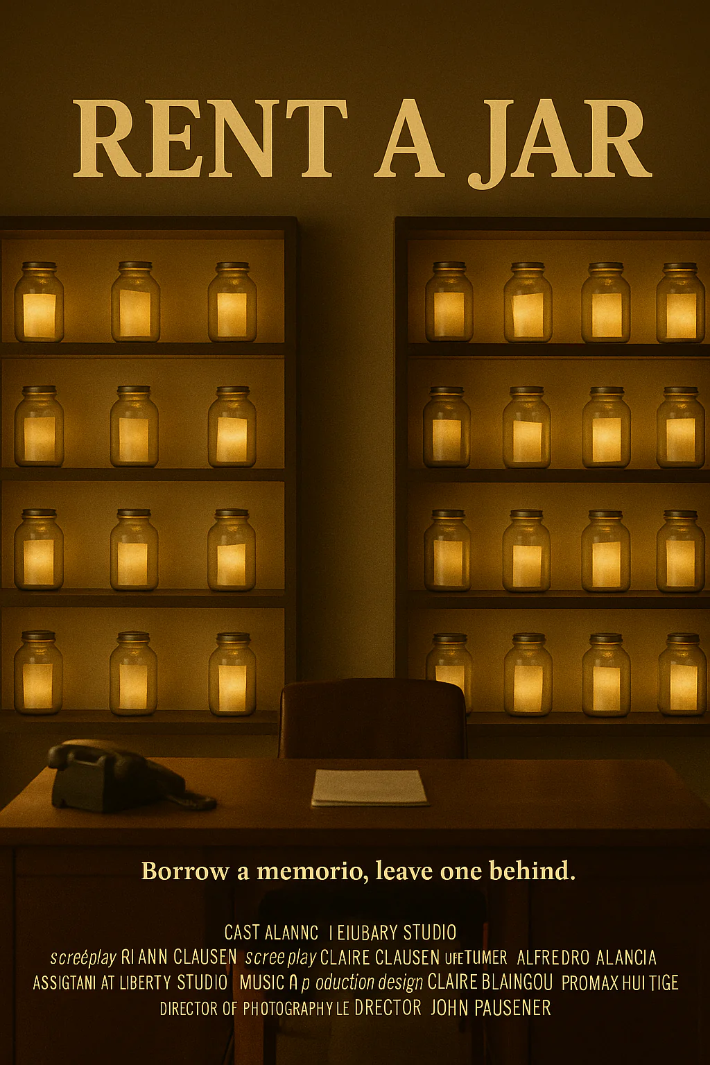 Rent A Jar Film official screenplay poster featuring illuminated jars on shelves and central desk