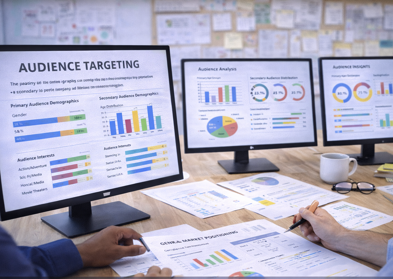 Audience targeting analysis using demographic data and statistics as part of screenplay development services.