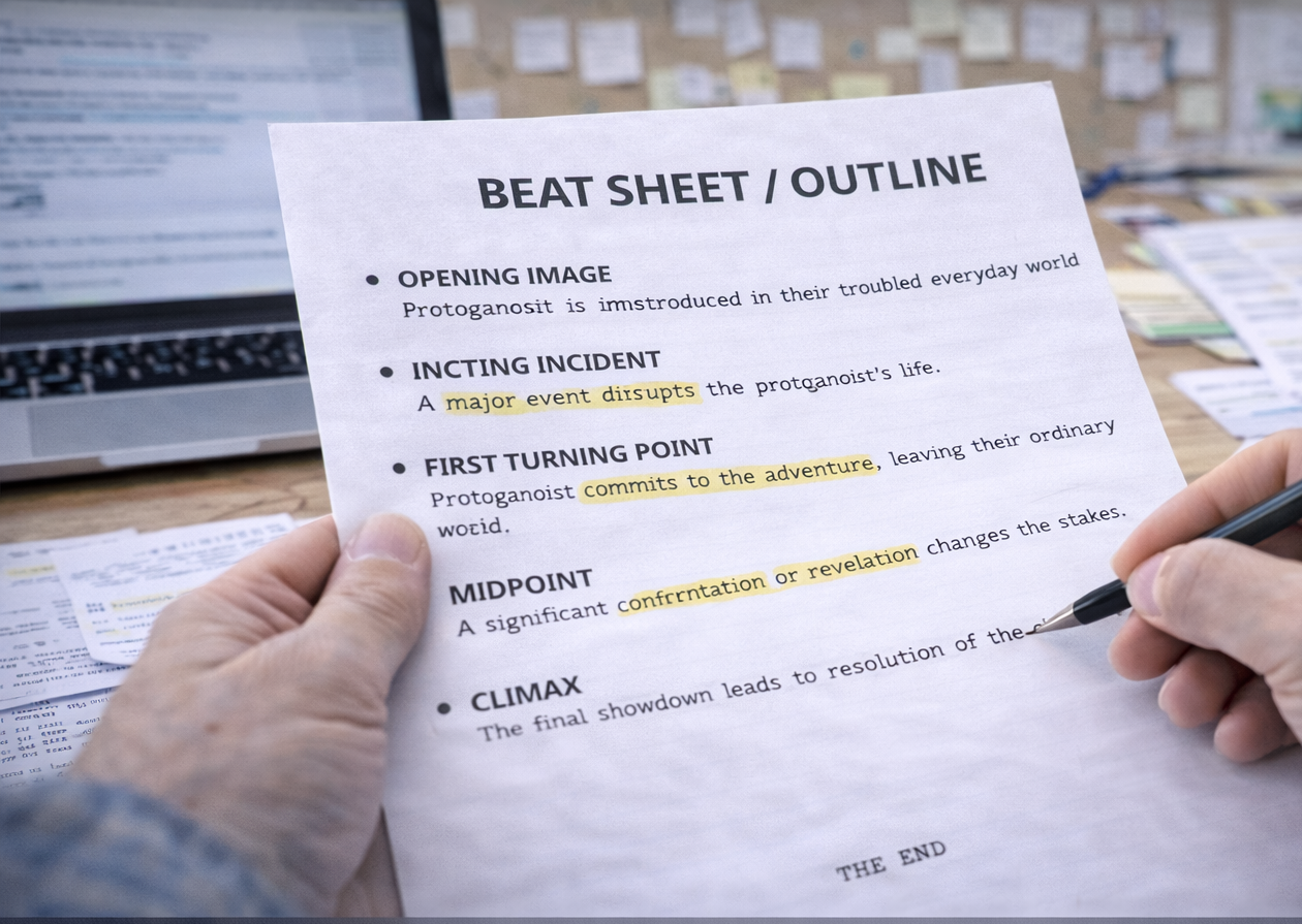 Beat sheet outline structuring story beats and scenes as part of screenplay development services.