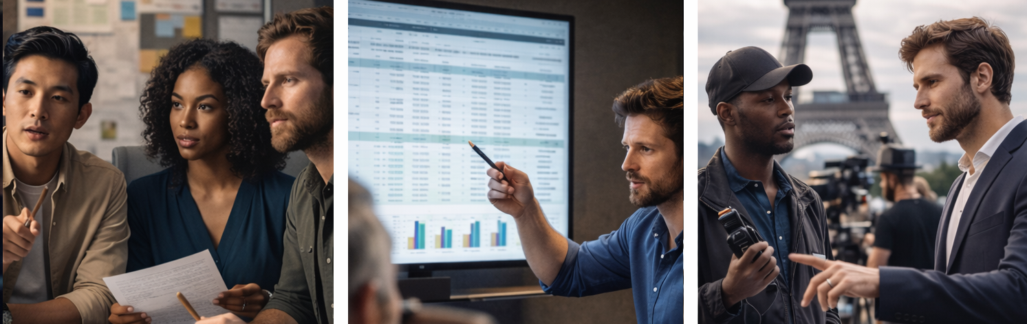 Creative and financial oversight in film production showing executive producers managing budgets, strategy meetings, and international coordination.