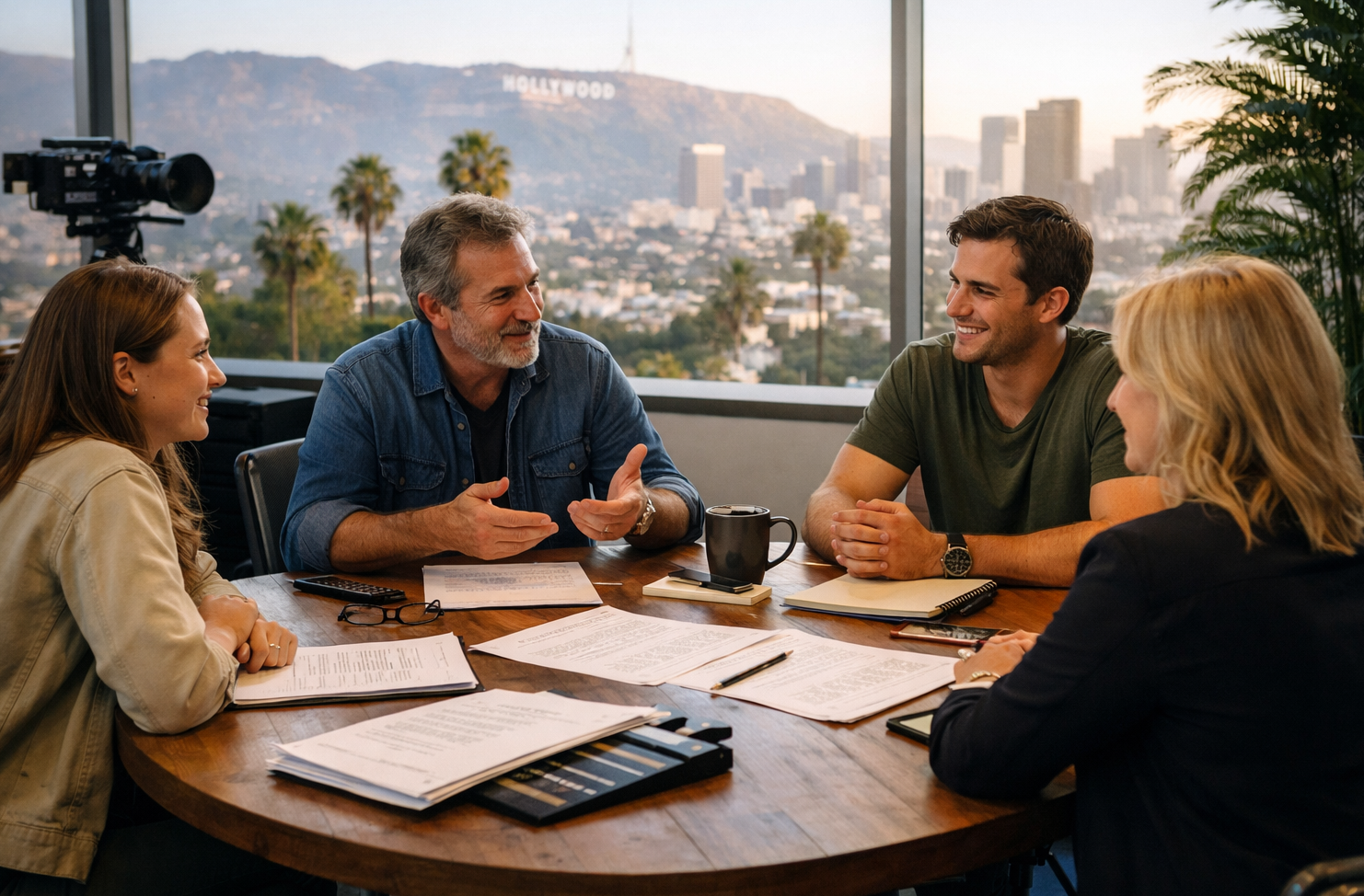 Consultation meeting discussing project goals and next steps as part of screenplay development services.