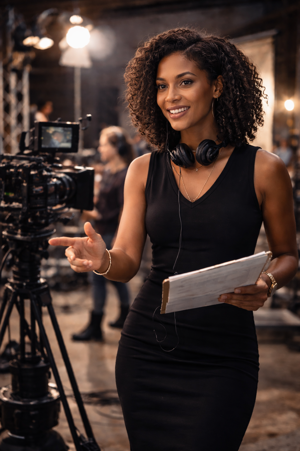 Executive producer with curly hair leading a professional film production on set with camera and crew.
