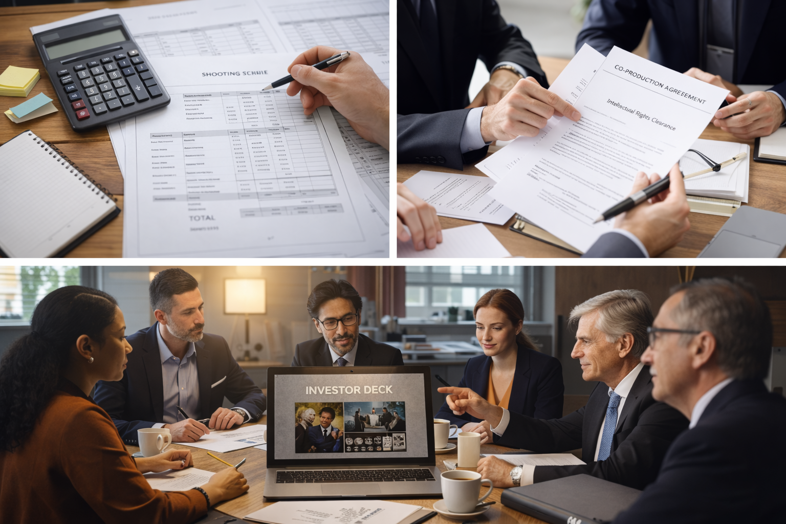 Film financing services showing project budgeting, legal structuring, and investor pitch presentation.