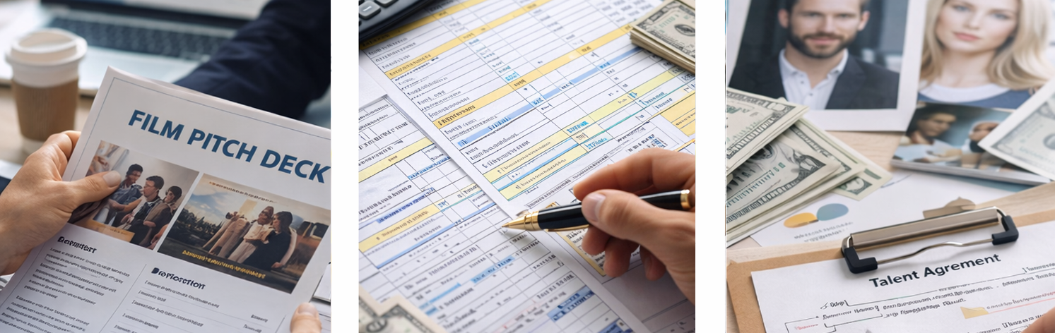 Film packaging and financing process showing pitch deck, production budget planning, and talent agreements.