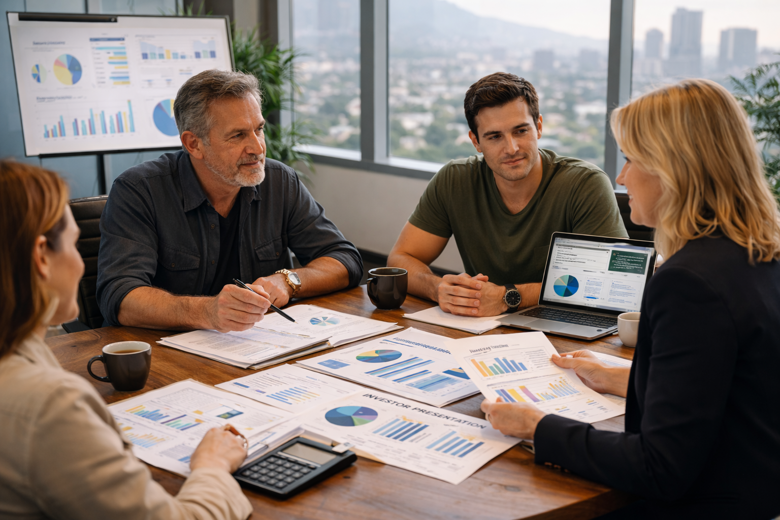 Film packaging and financing consultation with producers reviewing investor materials and project strategy.