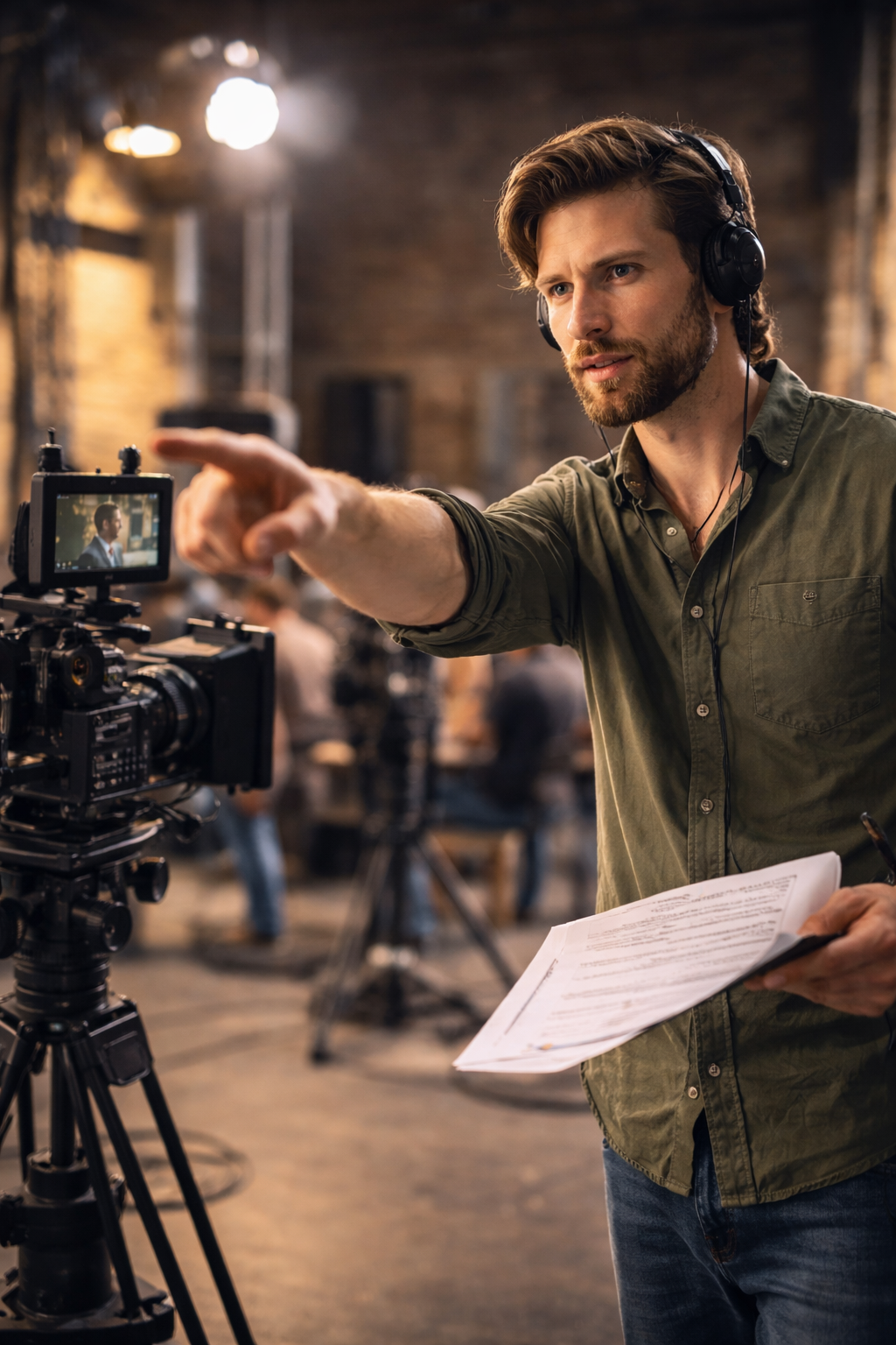 Film director with long hair and beard directing a professional movie production on set with cinema camera.