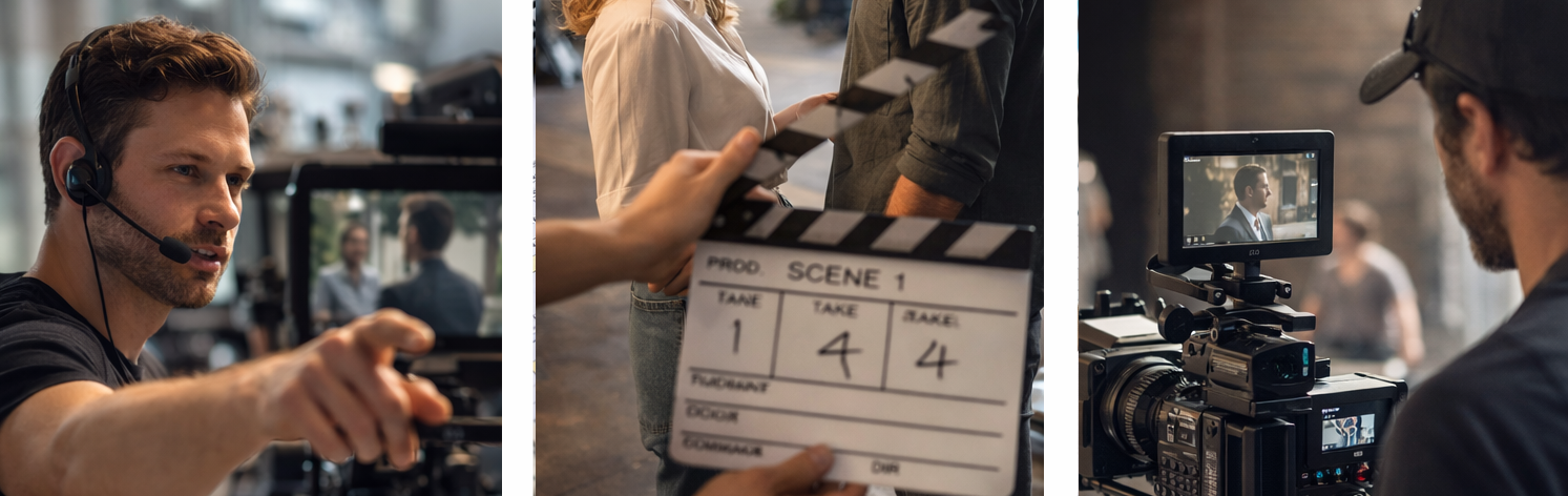 Professional film production on set showing director, camera operator, and actors during principal photography.