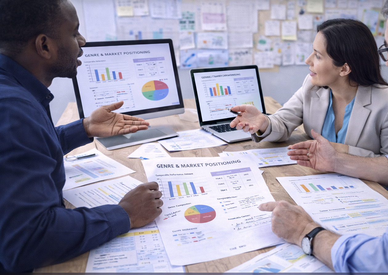 Genre and market positioning analysis with professionals reviewing projections as part of screenplay development services.