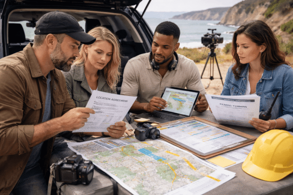 Film pre-production location planning showing professionals reviewing filming locations, permits, and location agreements in a professional workspace.