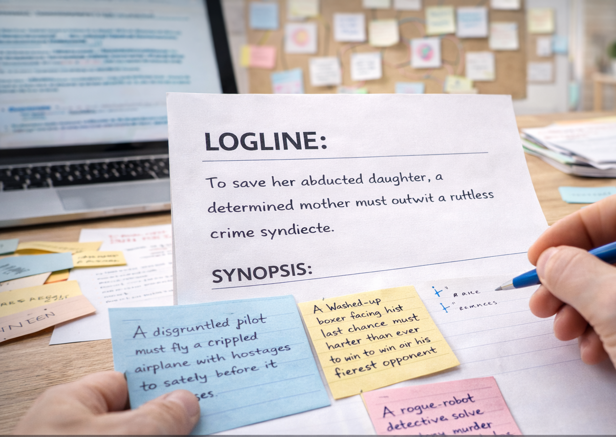 Professional logline creation defining story premise and commercial appeal as part of screenplay development services.