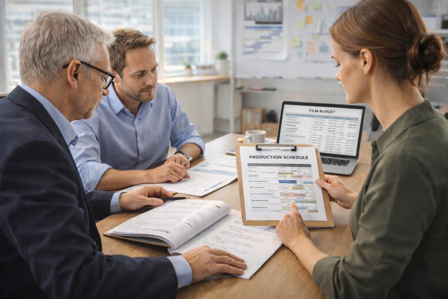 Market positioning and distribution strategy services showing professionals reviewing production schedules, budgets, and market planning documents.