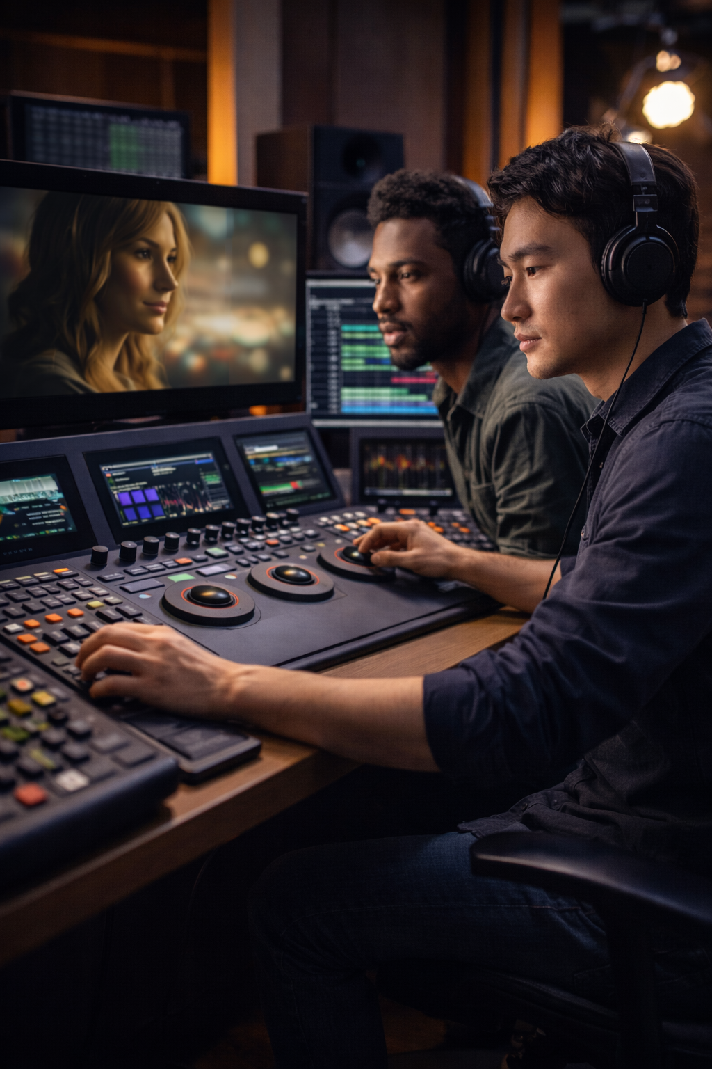 Post-production team with video editors working on color grading and editing in a professional film studio.