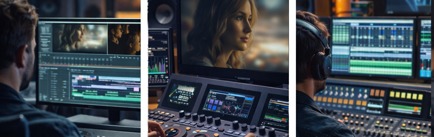 Post-production services showing video editing, sound mixing, and color grading in a professional film studio.