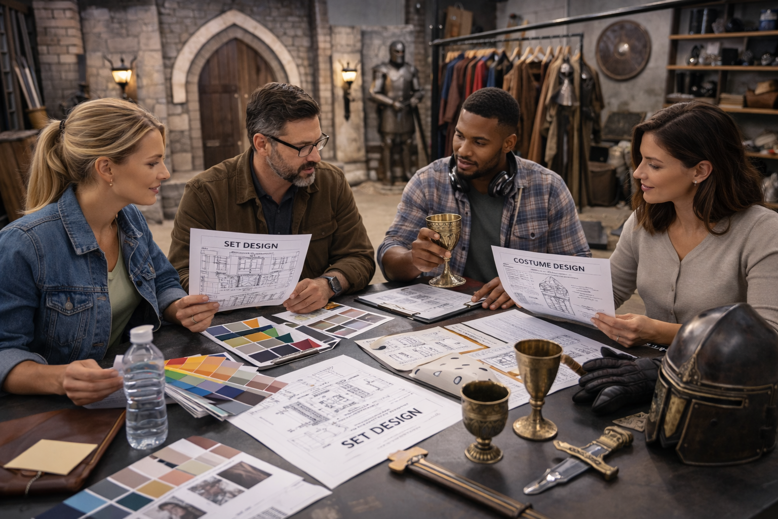 Film pre-production production design planning showing set layouts, costume references, prop selections, and visual materials reviewed by the creative team.