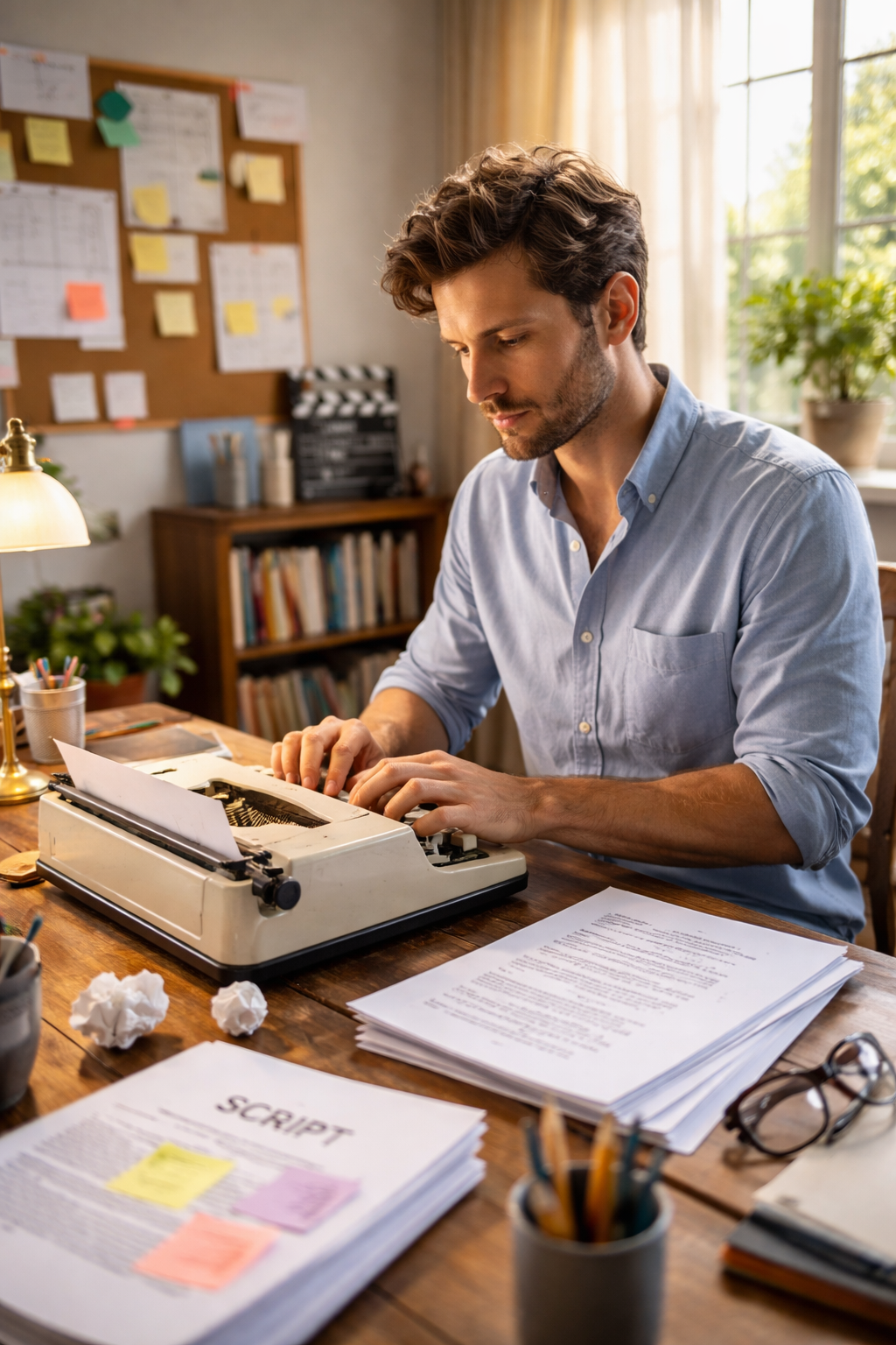 Professional screenwriter writing a film script on a vintage typewriter in a bright, modern workspace