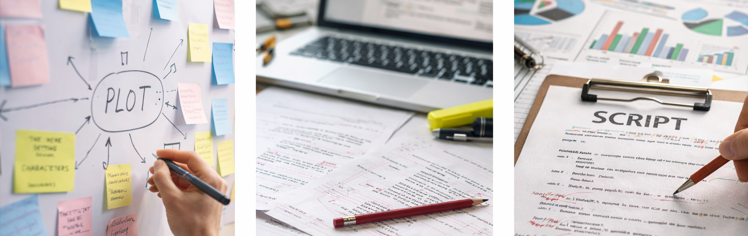 This image represents professional screenwriting services, including concept and story development, screenplay writing and rewrites, dialogue polishing, logline and treatment creation, and script coverage with market analysis for film and television projects.