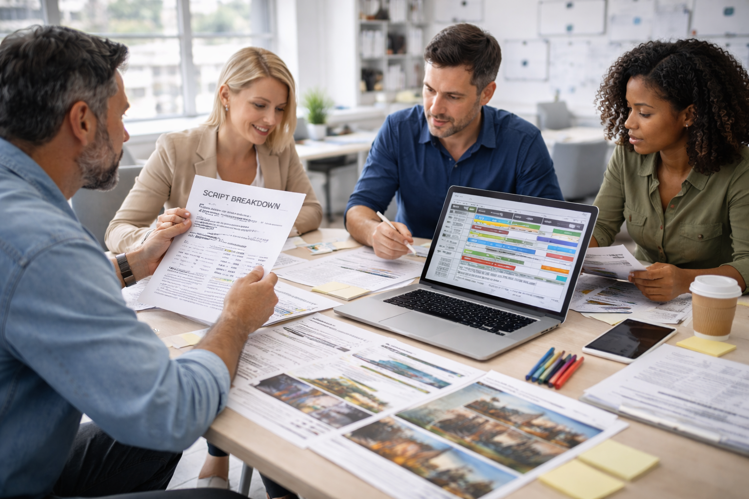 Film pre-production script breakdown and planning with production documents, schedules, and team coordination in a professional workspace.