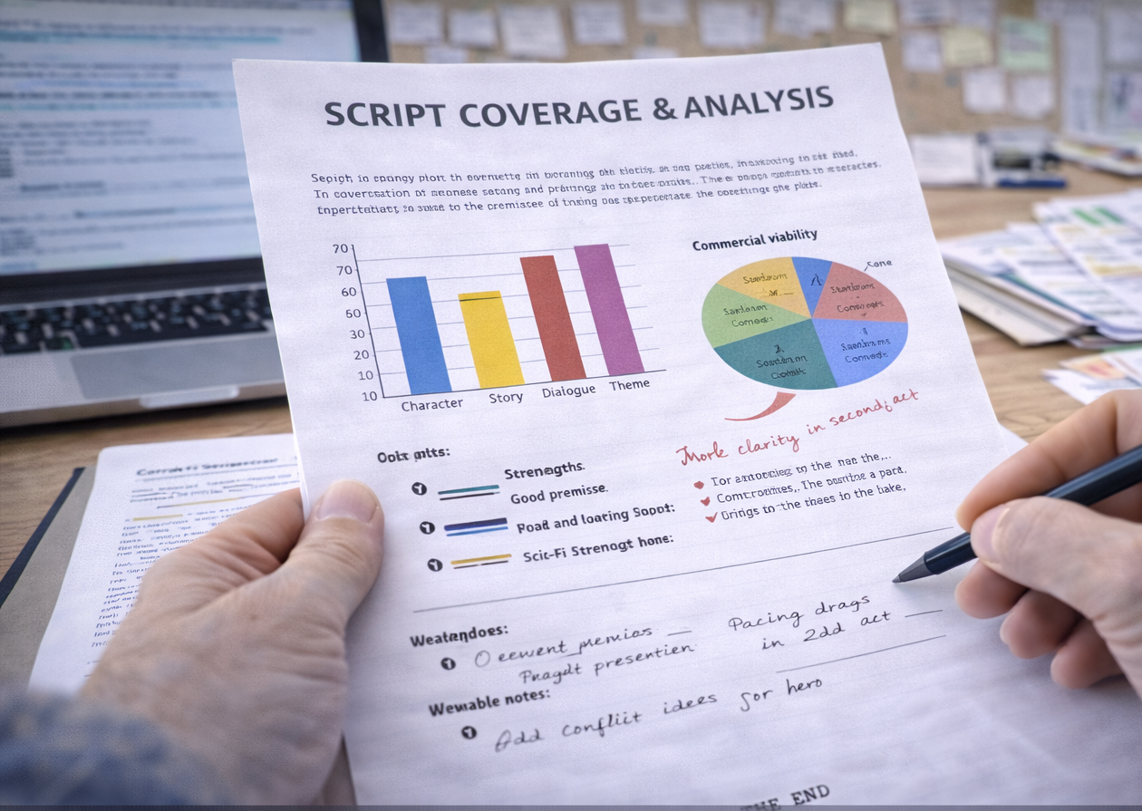 Script coverage analysis evaluating screenplay strengths weaknesses and development notes as part of screenplay development services.