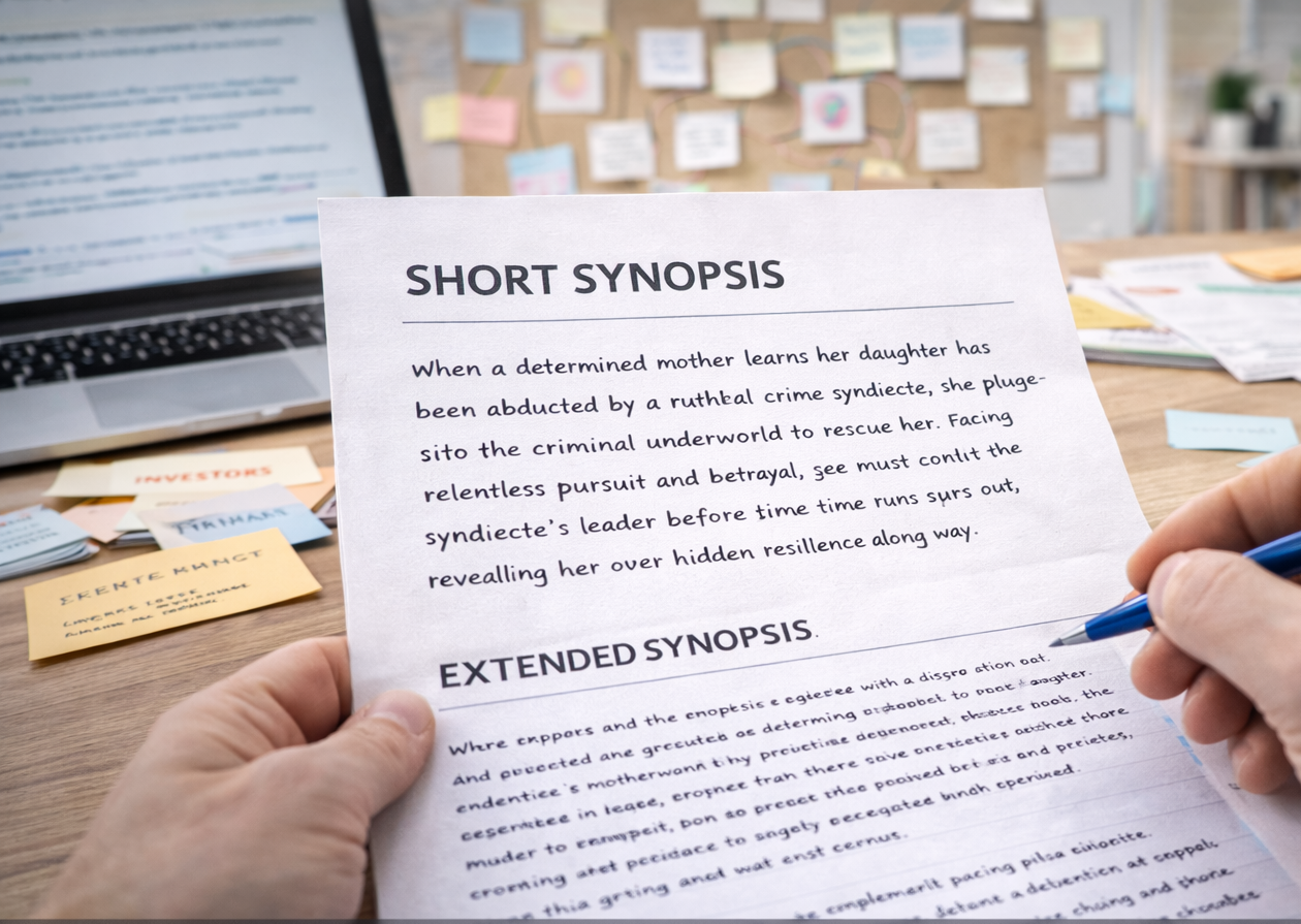 Synopsis writing presenting a clear summary of a film story as part of screenplay development services.