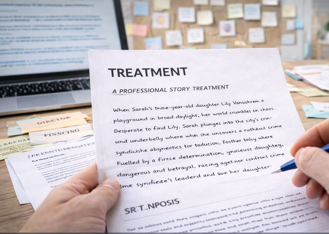 Treatment writing presenting a full story in prose form as part of screenplay development services.