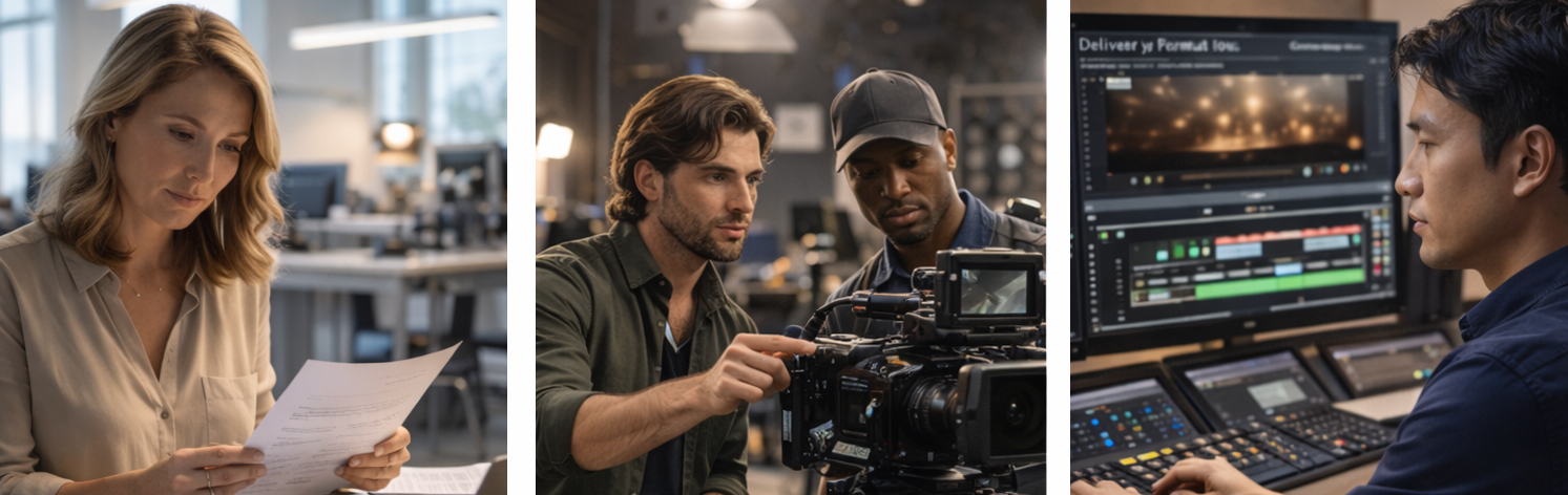 Turnkey film production workflow showing project planning, on-set production, and post-production delivery.