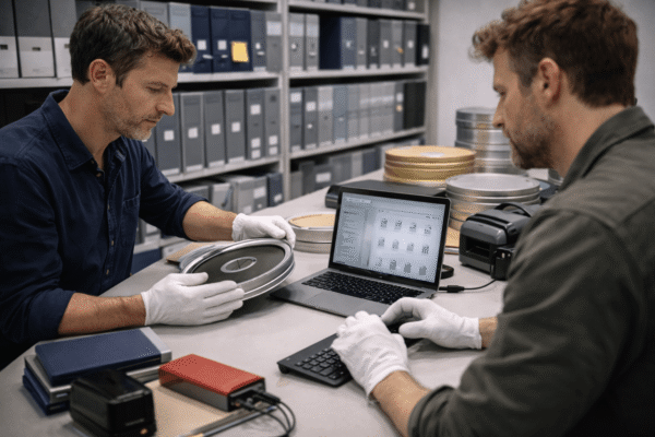 Film post-production specialists preparing archival picture and sound masters in a professional preservation environment.