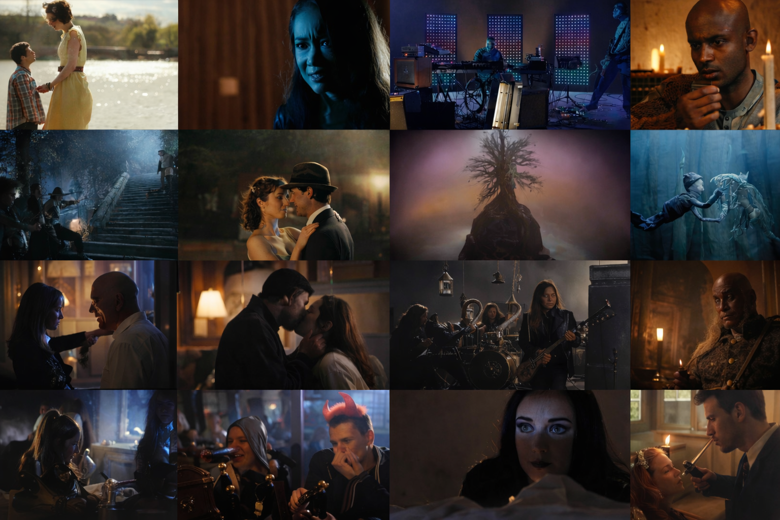 Original cinematic showreel mosaic featuring multiple film scenes with varied lighting, moods, and visual styles.