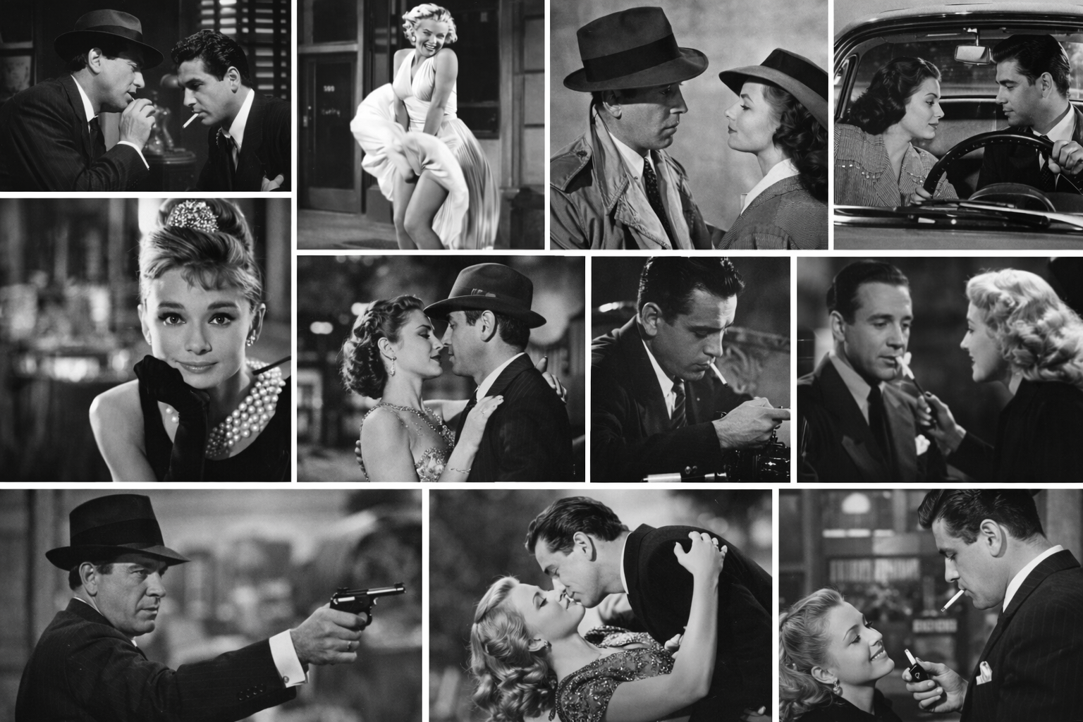 Cinematic mosaic of black and white film style scenes inspired by classic movie imagery and vintage storytelling.