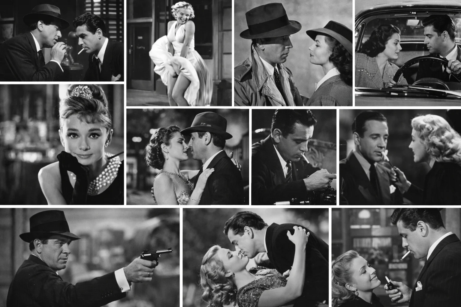 Electronic Press Kit for Sunlight Productions Holdings LLC 17 Cinematic mosaic of black and white film style scenes inspired by classic movie imagery and vintage storytelling.