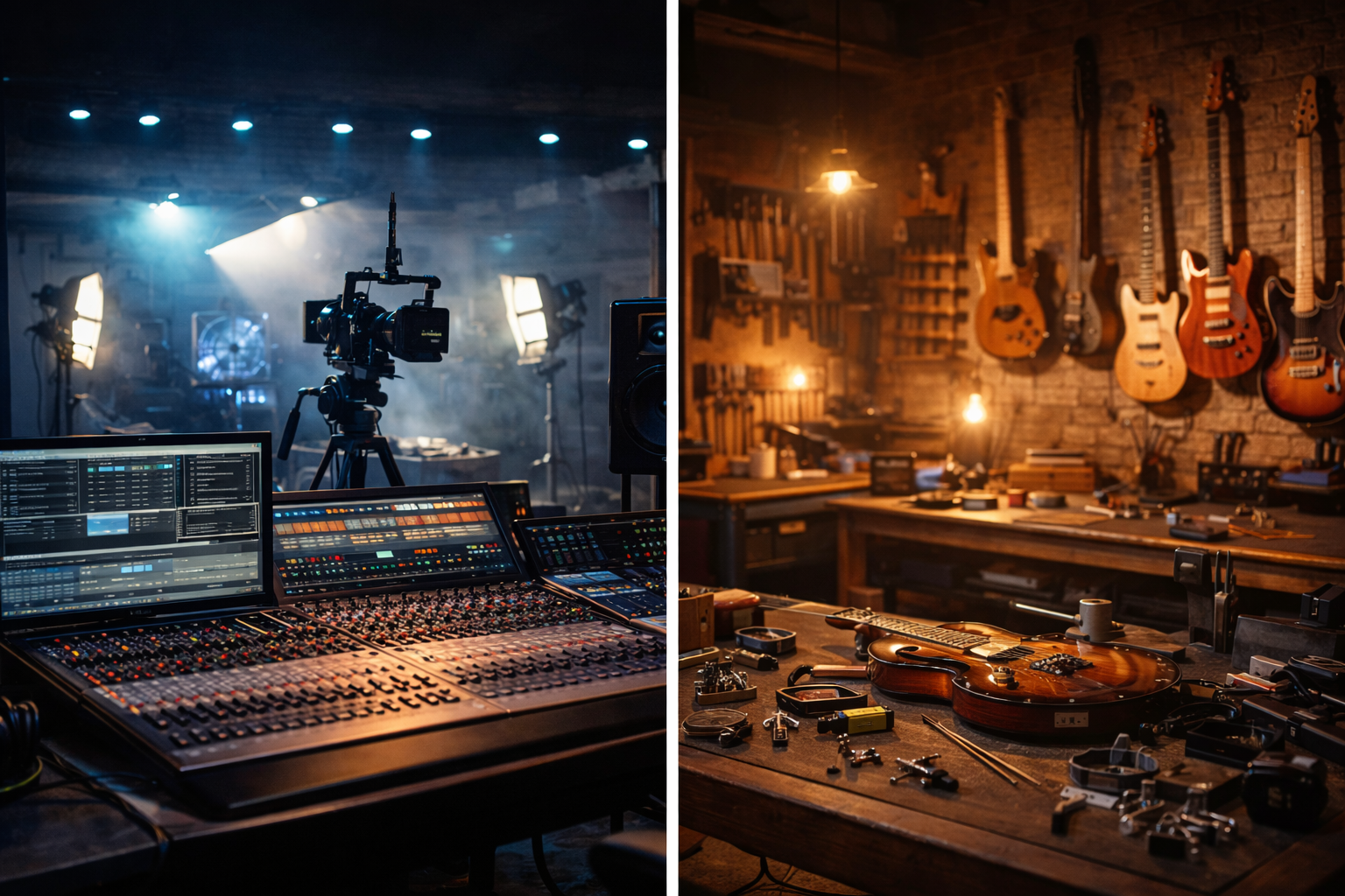 Company overview image showing video and audio production studio alongside music instrument manufacturing and repair workshop at Sunlight Productions Holdings LLC.