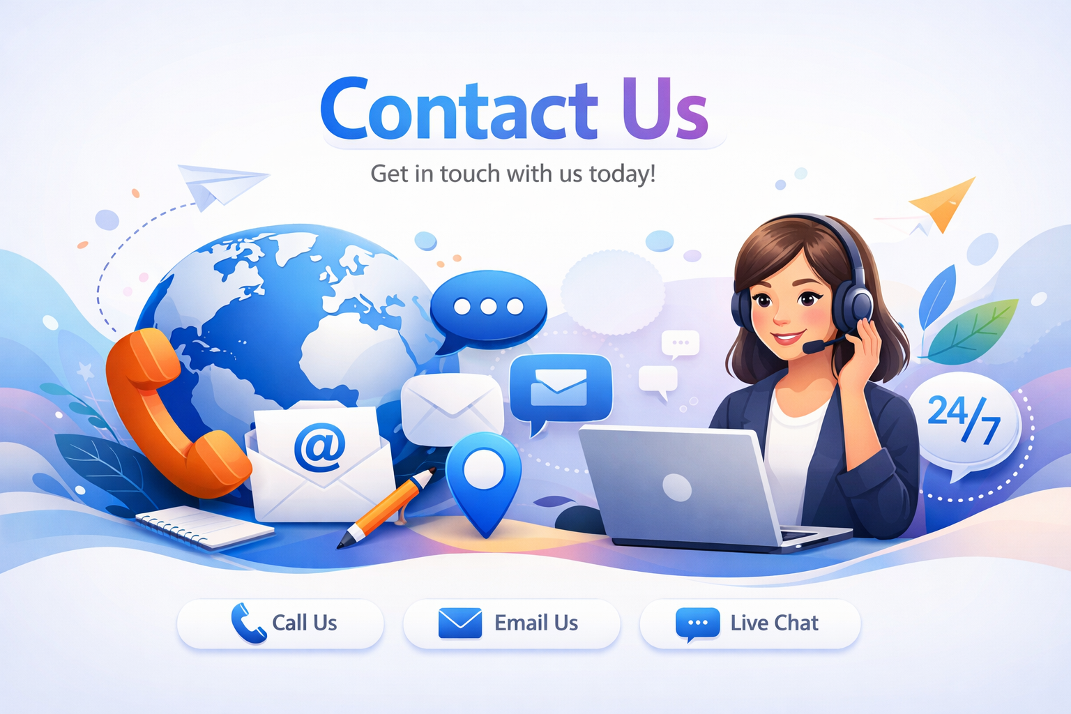 Contact us illustration showing customer support agent with phone, email, and live chat icons - Sunlight Productions Holdings LLC.