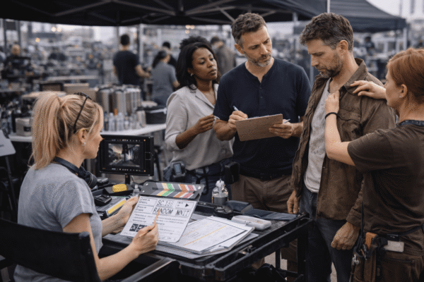 Film production team managing continuity, daily reports, and on-set support during principal photography.