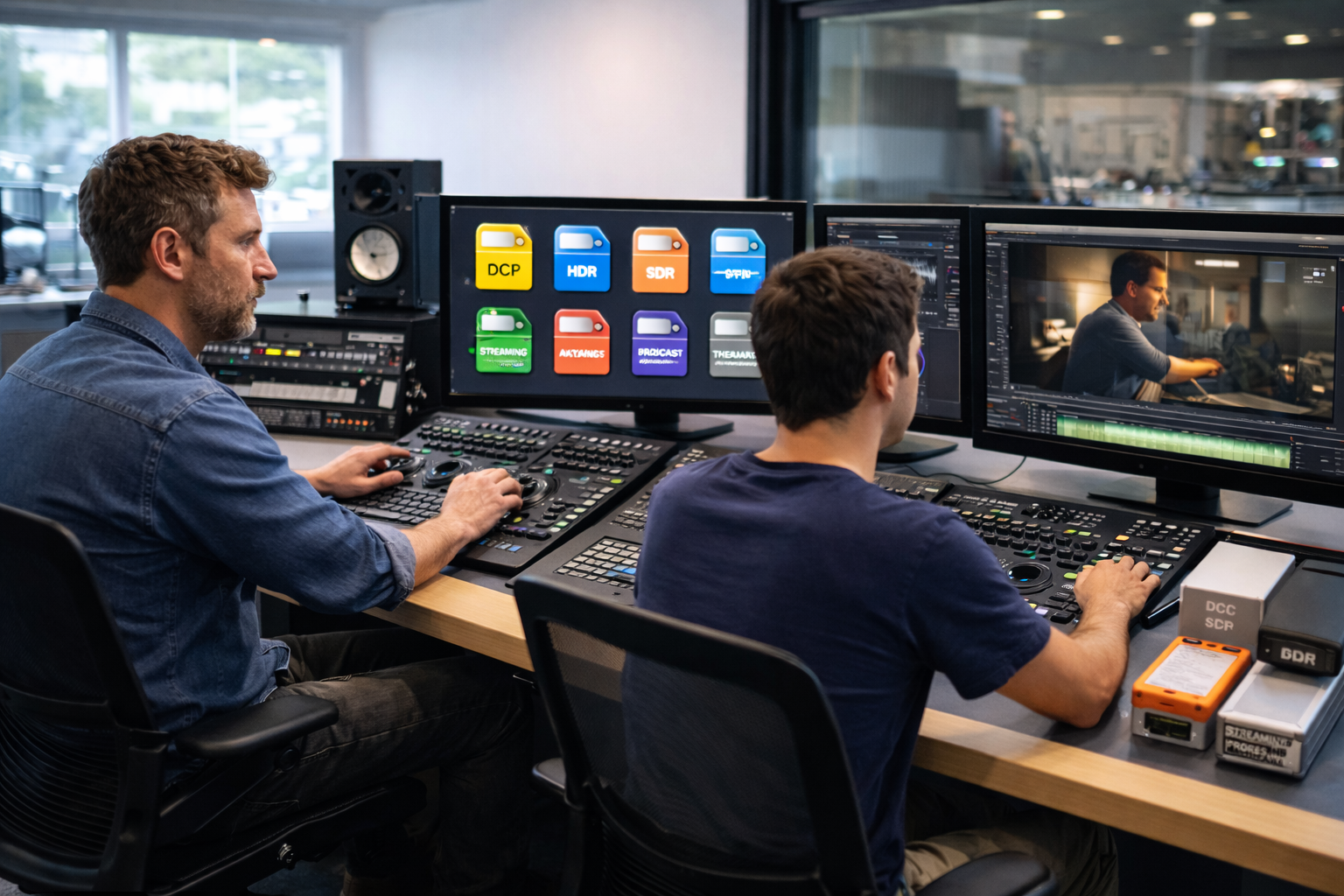 Film post-production team preparing distribution masters and platform-specific deliverables in a professional studio environment.