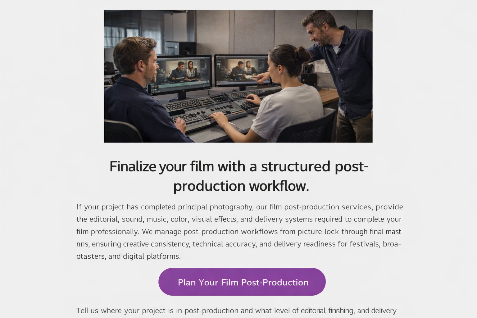 Film post-production team reviewing final edits and coordinating editorial, sound, and finishing workflows in a professional studio.