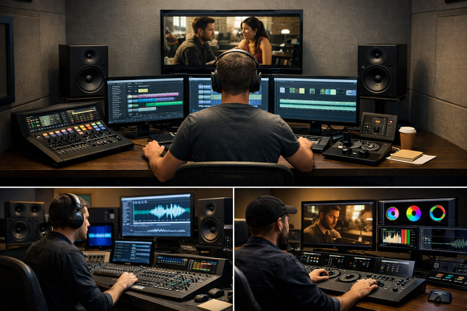 Film post production services showing picture editing, sound editing, and color grading workflows in professional post-production environments.