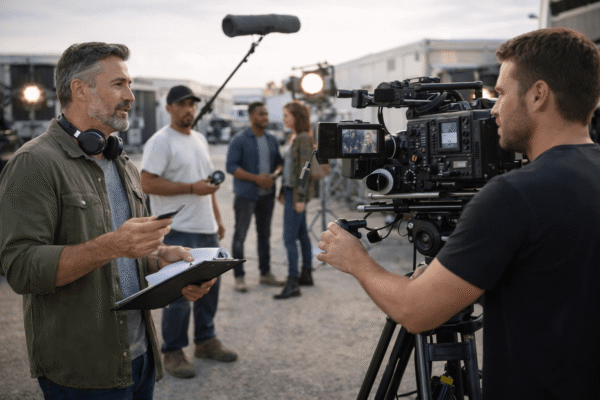 Professional film production crew managing principal photography on set with director and camera operator coordinating filming operations.