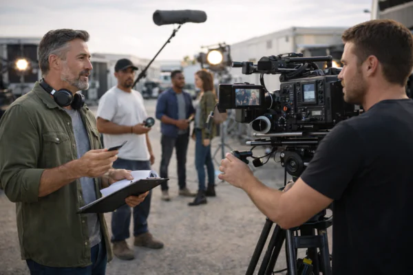 Electronic Press Kit for Sunlight Productions Holdings LLC 12 Professional film production crew managing principal photography on set with director and camera operator coordinating filming operations.