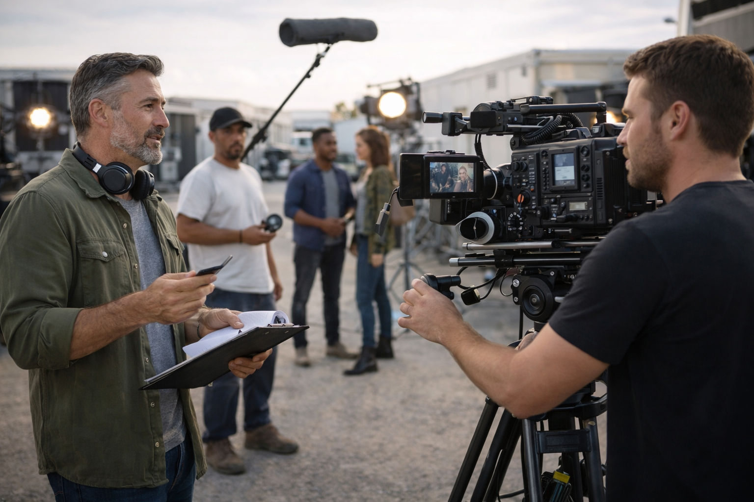 Professional film production crew managing principal photography on set with director and camera operator coordinating filming operations.