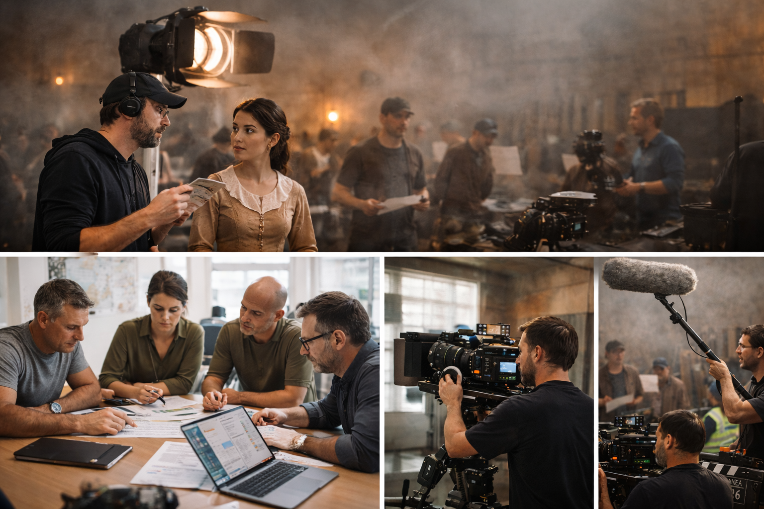 Professional film production services capturing principal photography with directors and crew managing on-set filming operations.