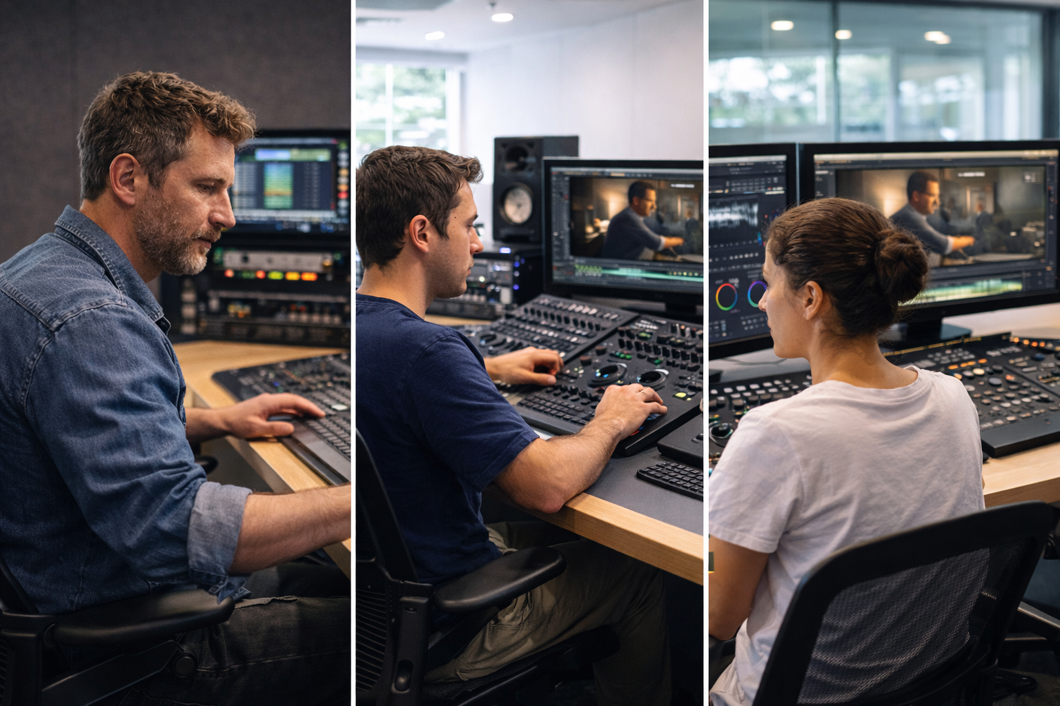 Film post-production team preparing final masters and delivery assets in a professional mastering and delivery studio.