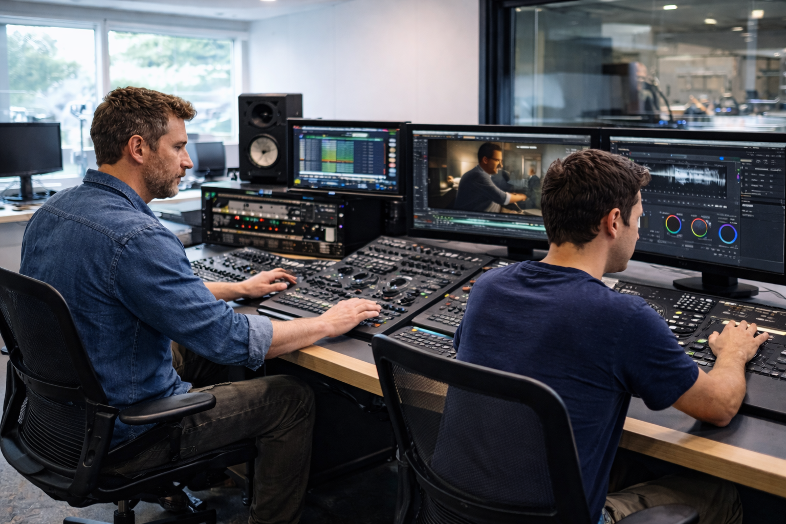Film post-production professionals completing final picture lock and sound mastering in a bright professional studio environment.