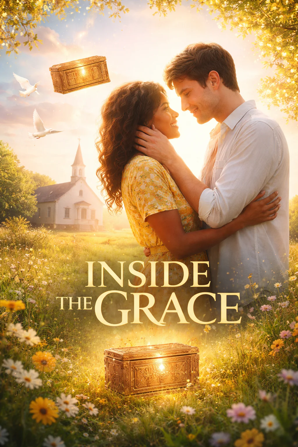 Inside the Grace film poster showing a young couple embracing in a sunlit field, symbolizing love, faith, and spiritual transformation.