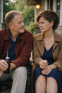 Sid and Nancy, central characters from the drama film Inside the Grace, sharing a quiet, emotionally charged moment outdoors.