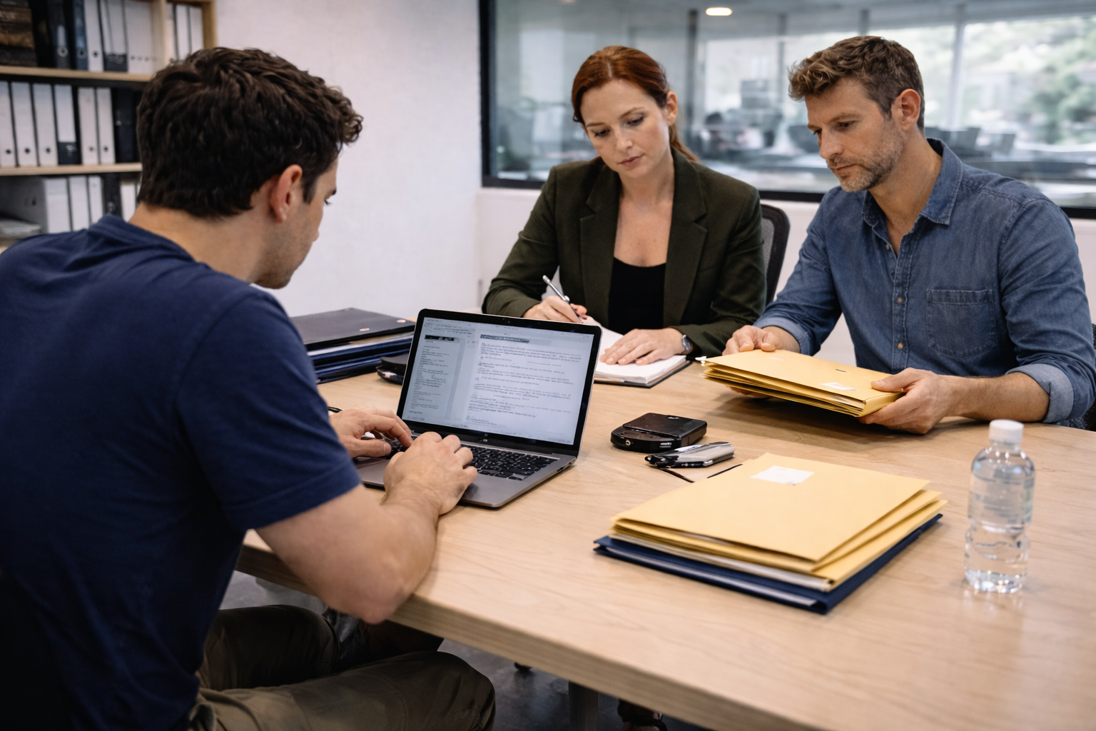 Film post-production team reviewing legal deliverables and rights documentation in a professional studio environment.