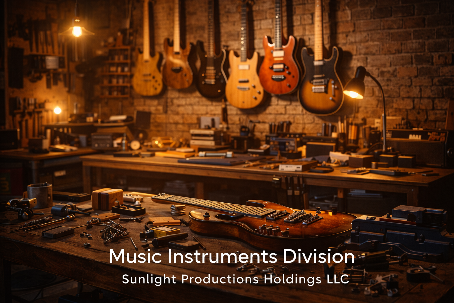 Music instruments manufacturing and repair workshop with guitars and components representing Sunlight Productions Holdings LLC music instruments division.
