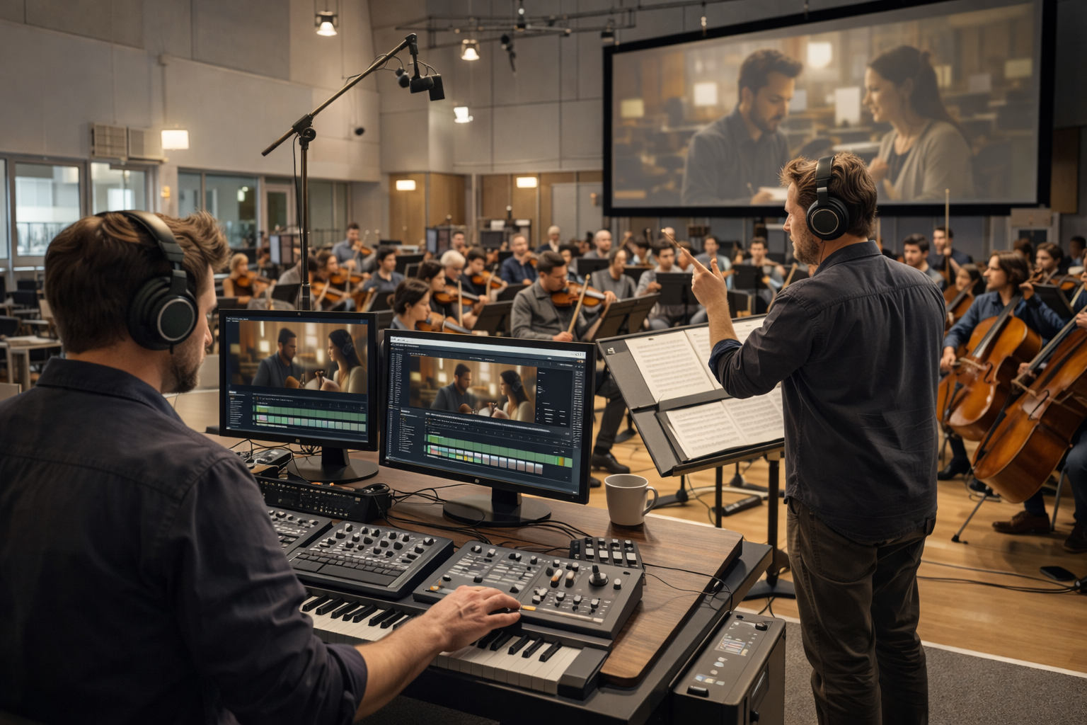 Film post-production music supervision and original score recording with composer conducting orchestra in a professional scoring stage.