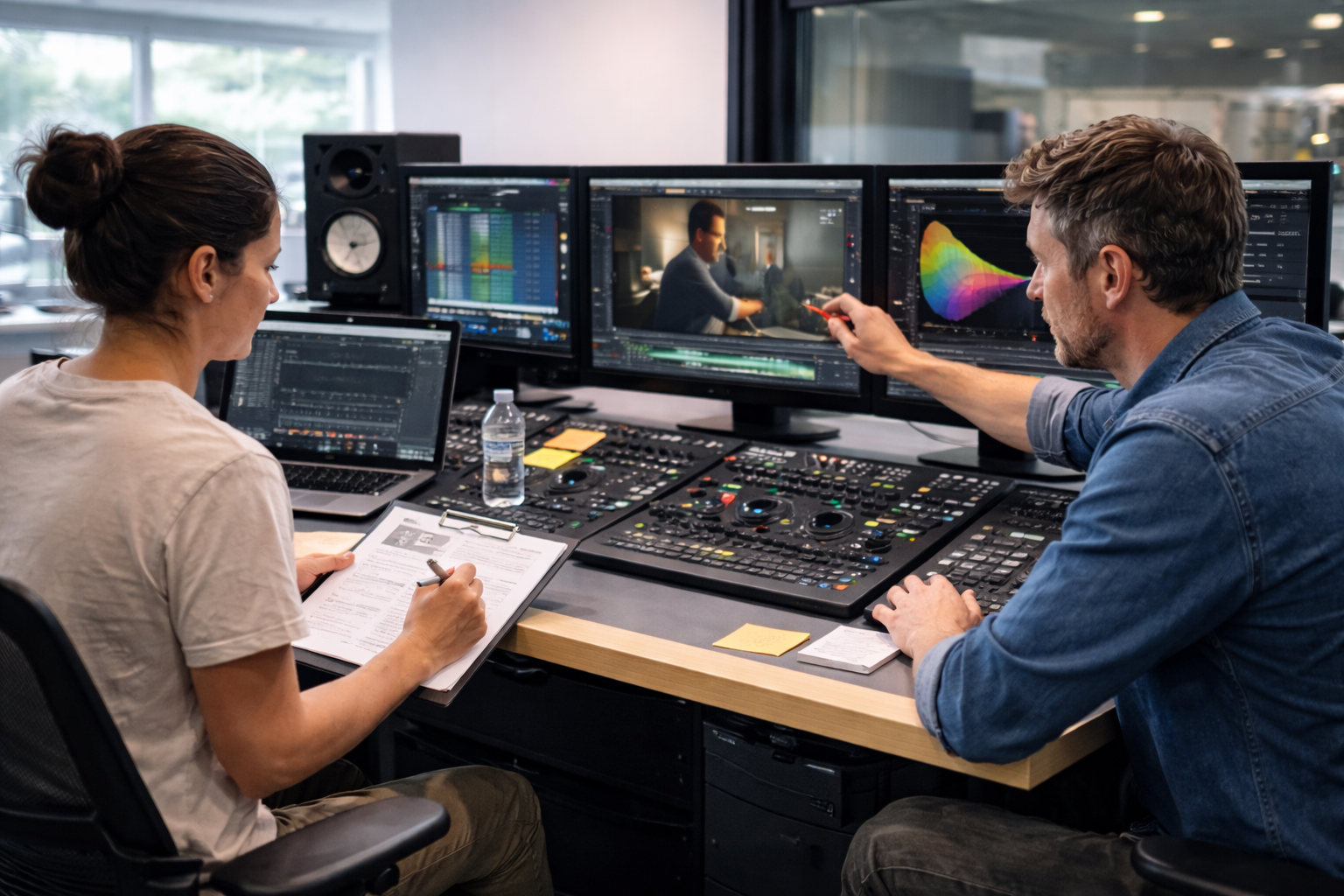 Film post-production quality control review with technicians verifying picture, sound, and technical compliance in a professional studio.