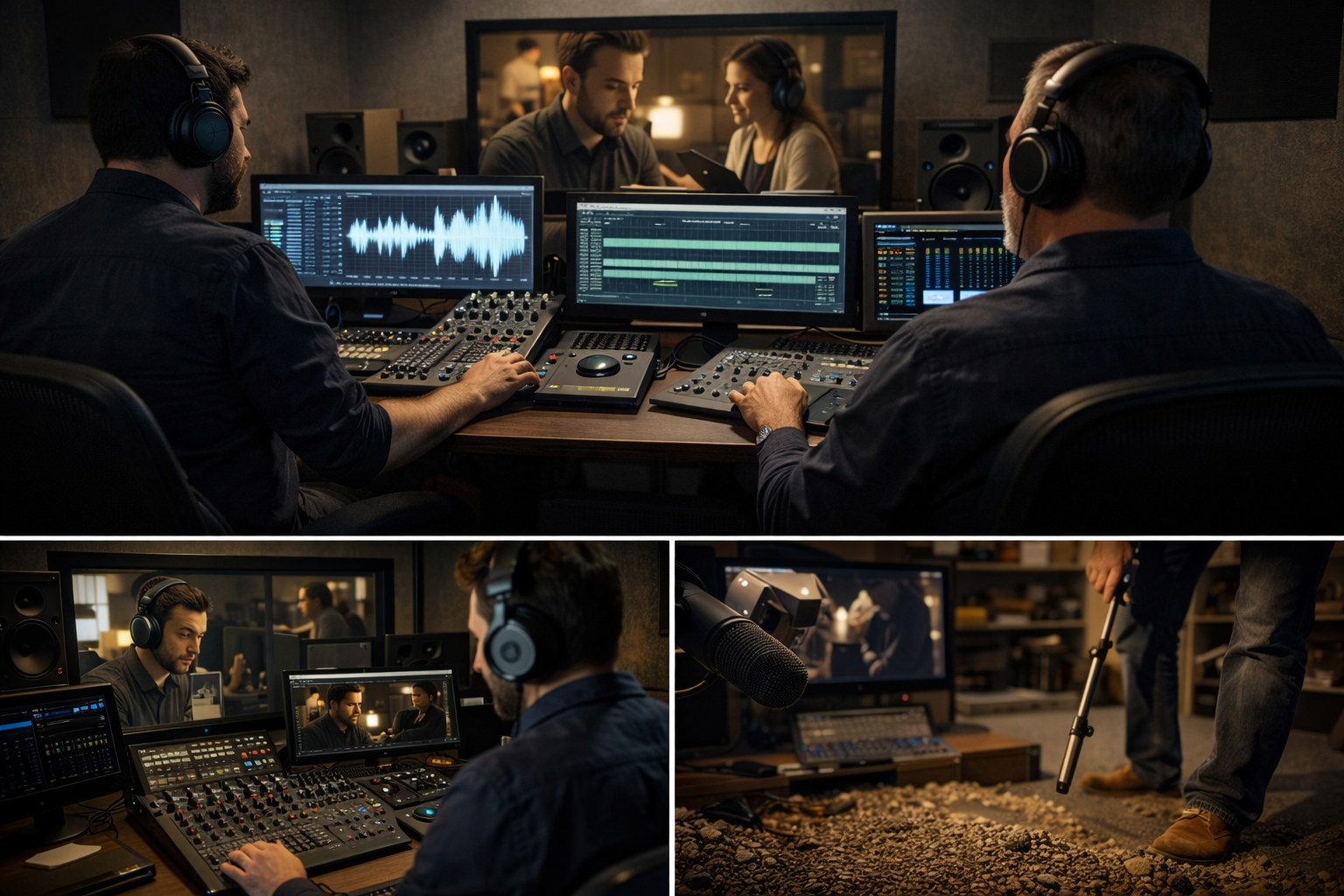 Film post-production sound editing studio showing dialogue cleanup, audio mixing, and sound design workflows.